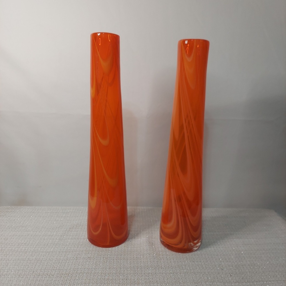 2 Orange Swirl 15" Glass‎ Vases Decorative Art Cylindrical Handblown Unmarked